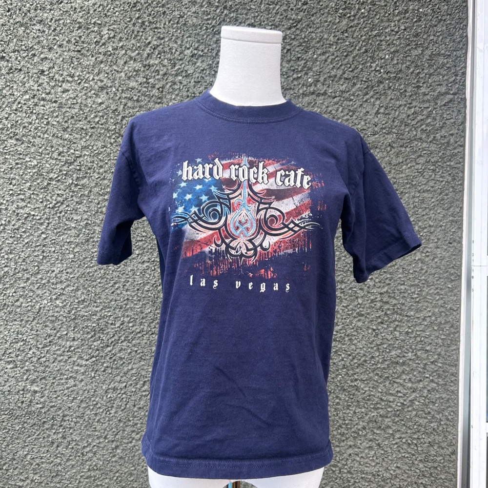y2k Hard Rock Cafe T-Shirt Mens Navy Blue Las Vegas Graphic American Flag L